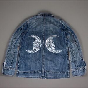 Madewell Blue Denim Jacket with White crescent  Moon hand paint Design